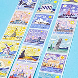 Sheet of decorative stickers with world landmarks on a blue background
