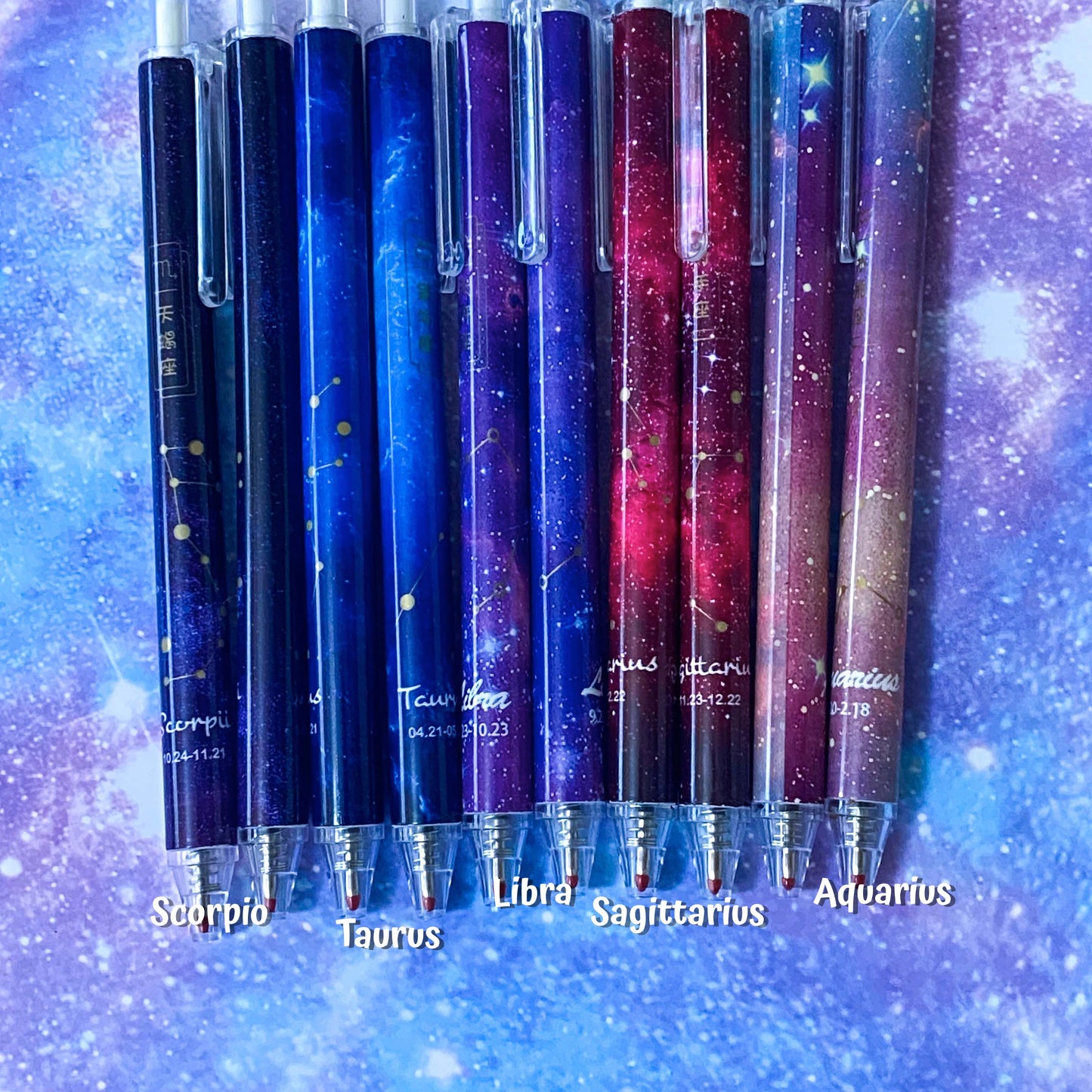star sign signs constellation galaxy zodiac pen pens black gel ink click slim pretty kawaii cute stationery uk gift gifts planner addict shop store blue lilac red gold purple navy