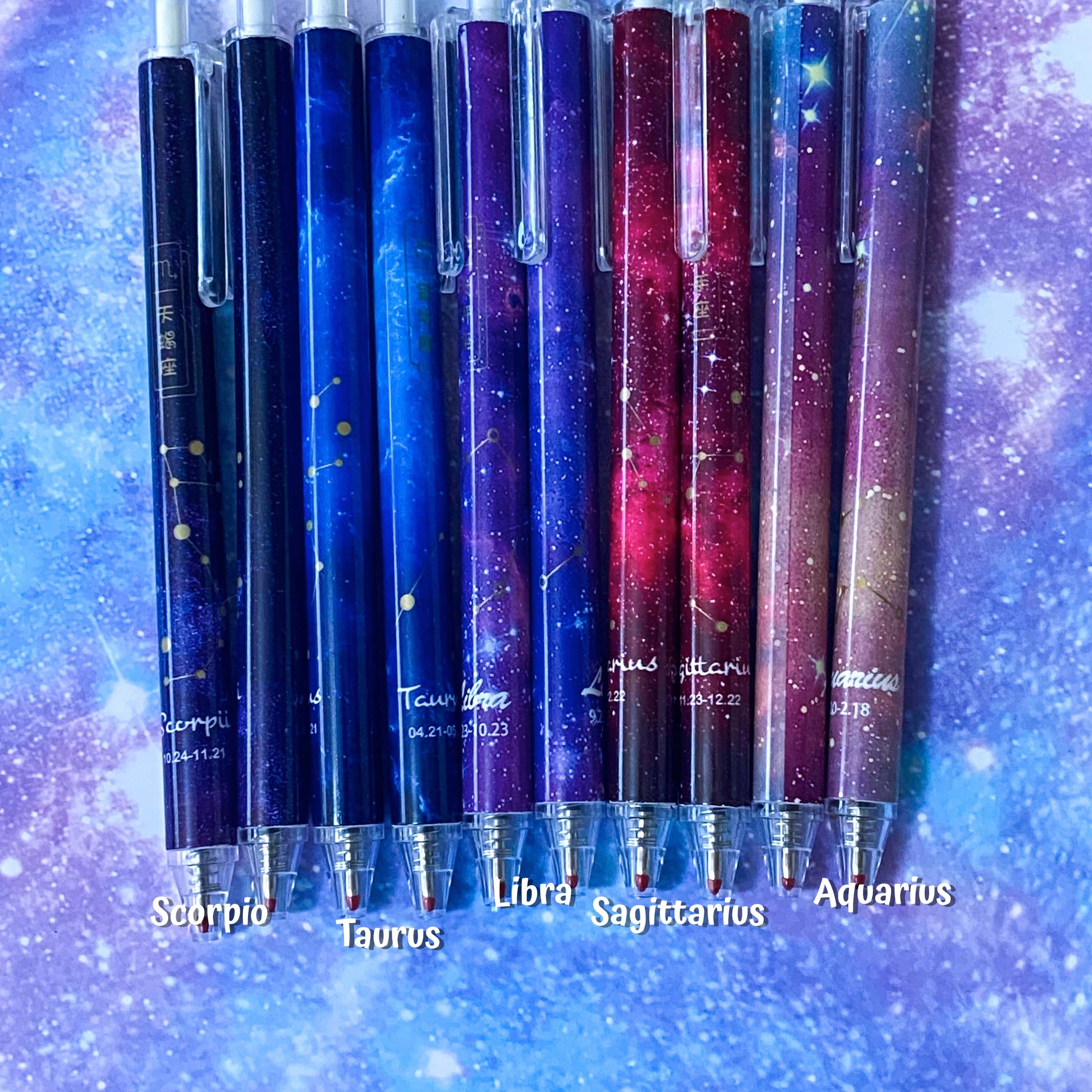 star sign signs constellation galaxy zodiac pen pens black gel ink click slim pretty kawaii cute stationery uk gift gifts planner addict shop store blue lilac red gold purple navy