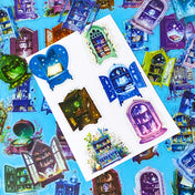 fantasy plastic sticker set featuring magical cabinets, glowing bookshelves, potion cupboards and celestial library illustrations in blue, purple and green tones. UK cute stationery, sticker shop.