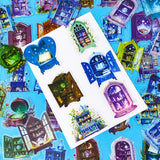 fantasy plastic sticker set featuring magical cabinets, glowing bookshelves, potion cupboards and celestial library illustrations in blue, purple and green tones. UK cute stationery, sticker shop.