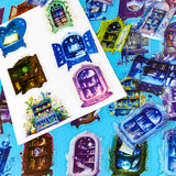 fantasy plastic sticker set featuring magical cabinets, glowing bookshelves, potion cupboards and celestial library illustrations in blue, brown, purple and green tones. UK cute stationery, sticker shop.