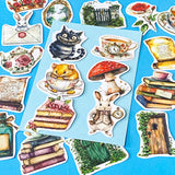 alice in wonderland inspired matte vinyl sticker pack of 20 featuring rabbits, tea cups, dormouse, books, mushroom, potion bottle, whiite rabbit and cheshire cat. uk cute stationery shop and planner supplies.