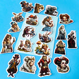 alice in wonderland inspired alternative twisted, dark vinyl sticker set of 20, satin finish, featuring the mad hatter, the red queen, alice, the white rabbit, mushrooms, and a frog footman. UK cute sticker shop.