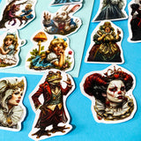 alice in wonderland inspired alternative twisted, dark vinyl sticker set of 20, satin finish, featuring the mad hatter, the red queen, alice, the white rabbit, mushrooms, and a frog footman. UK cute sticker shop.