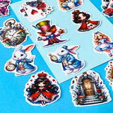 alice in wonderland inspired vinyl satin sticker set of 20 with cute kawaii illustrations featuring mad hatter, cartoon style red queen of hearts, pocket watch, white rabbit, cheshire cat, alice and playing card designs. UK cute stationery and sticker shop.
