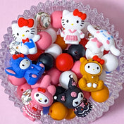 sanrio japanese characters silicone bead beads cute kawaii uk craft supplies beaded pen pens making stationery gift gifts kuromi rabbit bunny my melody hello kitty cat cats cinnamoroll puppy dog fun make your own jewellery making shop store blue red pink white patterned 15mm jumbo large big