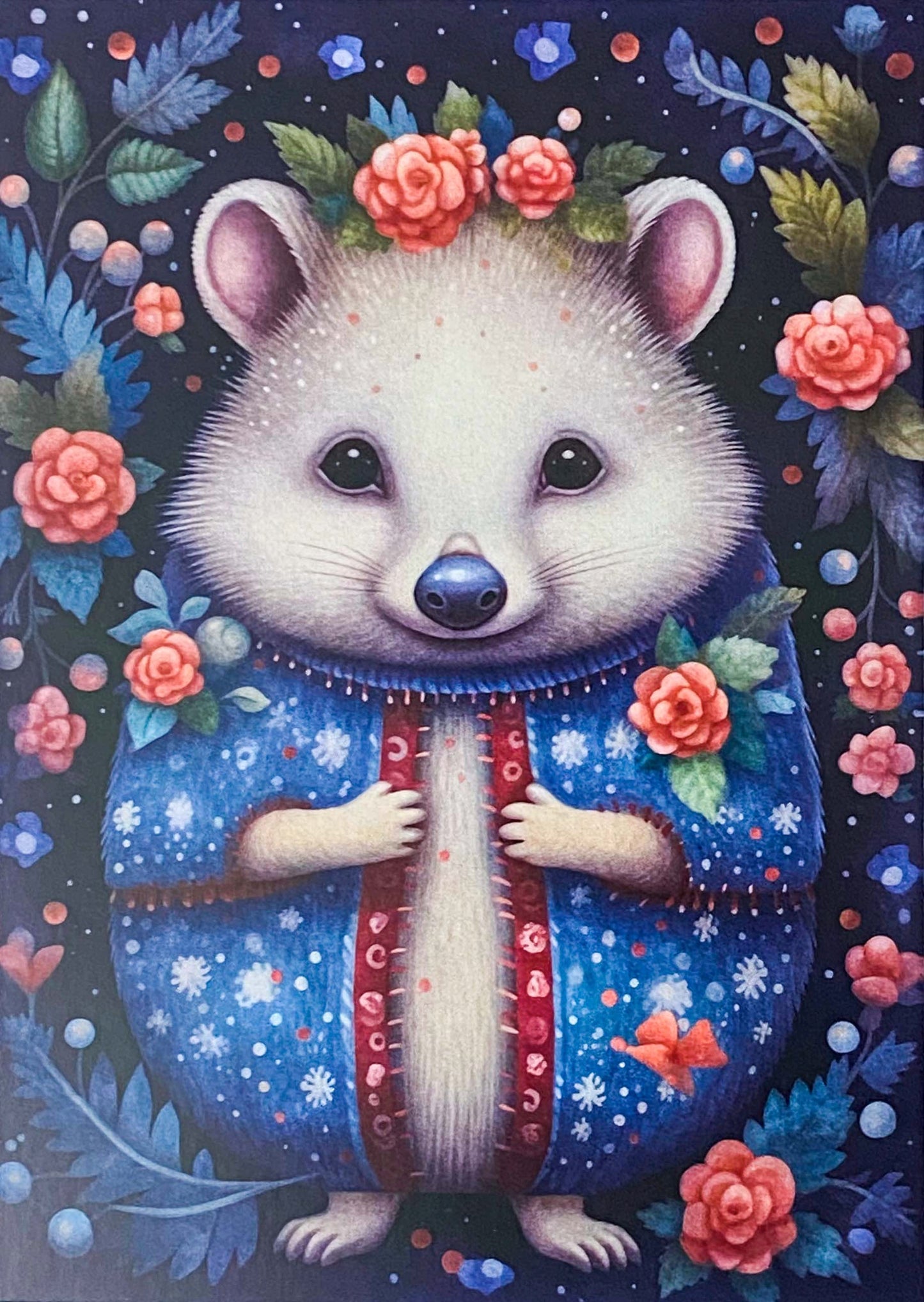 beautiful floral woodland animal animals creature post card postcards cards uk winter christmas greetings stationery supplies shop store fox deer owl badger mouse hare rabbit bear owl ornate foliage dark blue green hedgehog hedgehogs