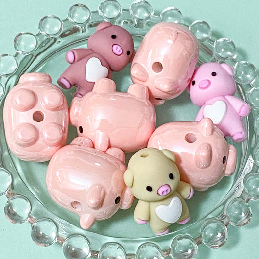 pink cream brown pig pigs cute kawaii bead beads jumbo large big silicone acrylic jewellery making supplies build make your own pens beaded uk cute kawaii craft supplies shop store 27mm 28mm 3d iridescent