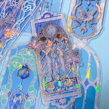 holographic blue window plastic bookmarks with butterflies and princess castles on a blue background