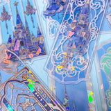 holographic blue window plastic bookmarks with butterflies and princess castles on a blue background