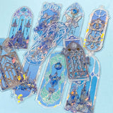 holographic blue window plastic bookmarks with butterflies and princess castles on a blue background
