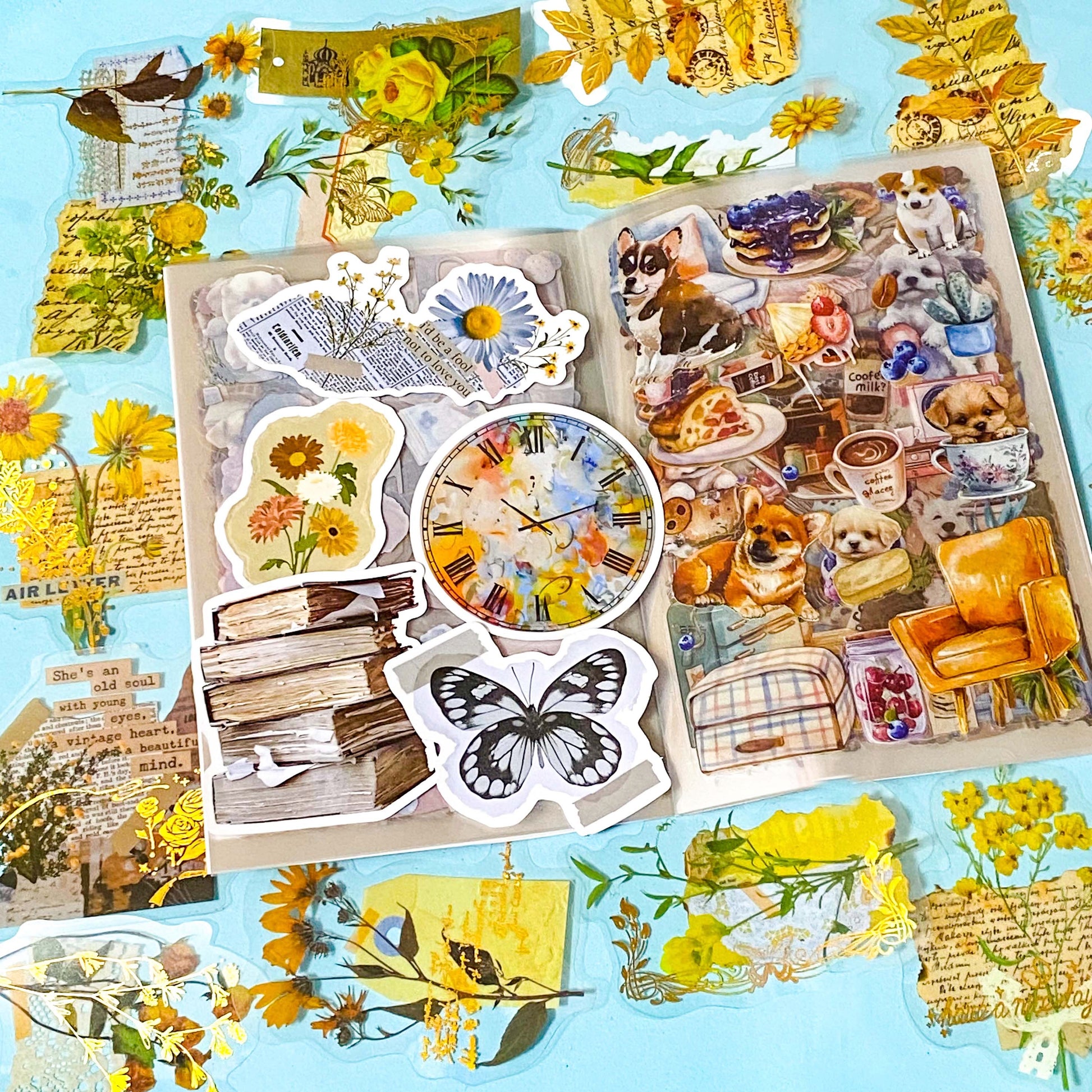 vintage sticker bundle for junk journals with botanical clear stickers, collage elements and layered journal aesthetic