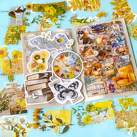 vintage sticker bundle for junk journals with botanical clear stickers, collage elements and layered journal aesthetic