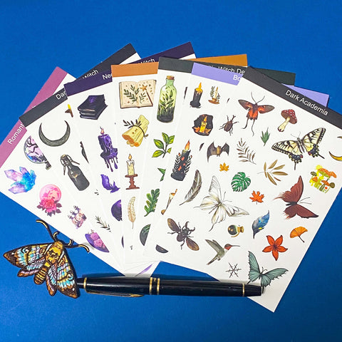 set of 8 witch themed sticker sheets including dark academia, botanical, celestial and magical designs on a blue background