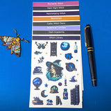 set of 8 witch themed sticker sheets including dark academia, botanical, celestial and magical designs on a blue background