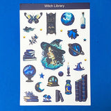 Sheet of witch-themed stickers with a central image of a witch, surrounded by celestial and mystical elements on a blue background.