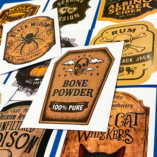 witchy apothecary sticker sheets of poison labels and potion brew