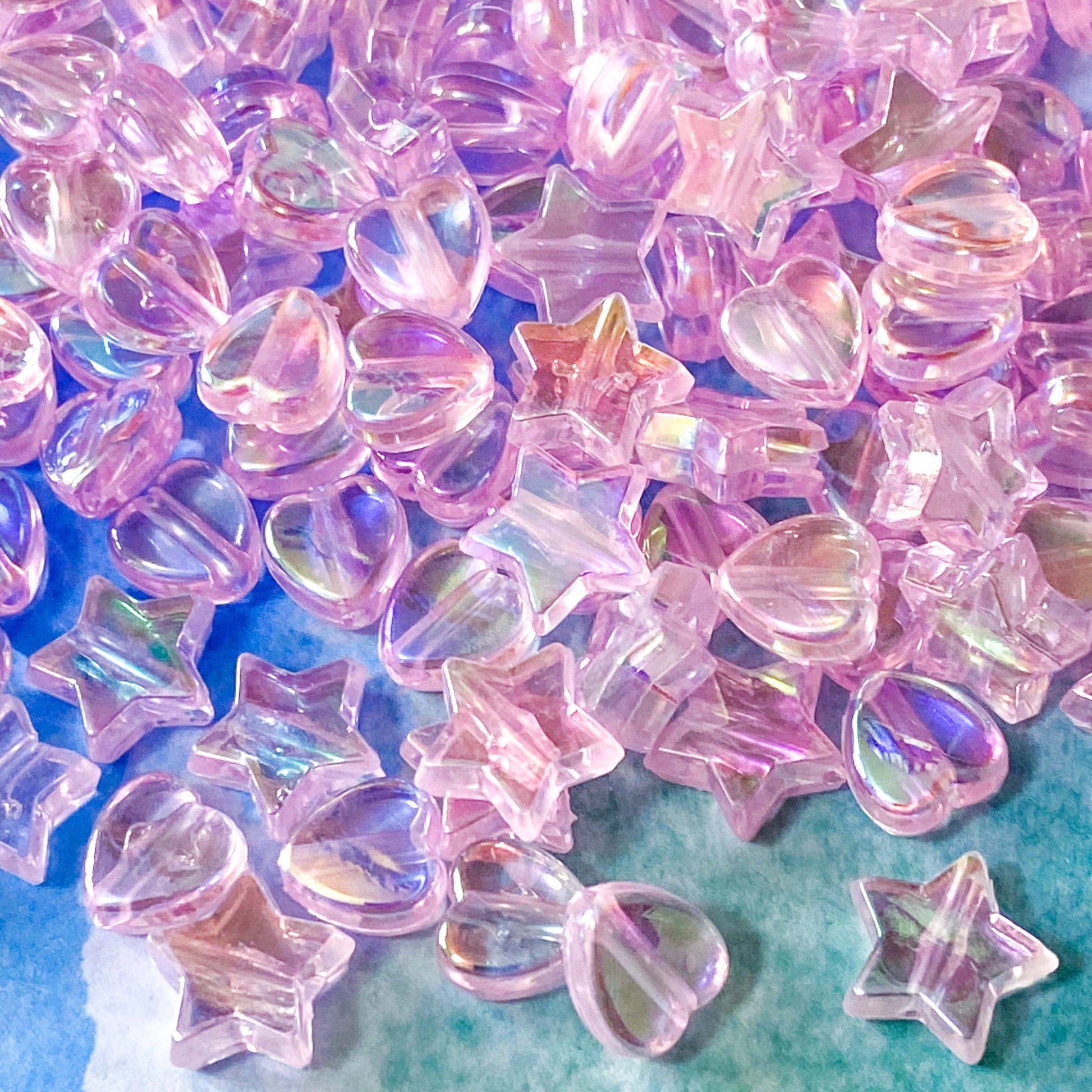 clear transparent pink bead beads small heart hearts star stars 9mm plastic uk cute kawaii craft supplies shop store pretty jewellery making iridescent shimmer pearly sheen ab finish