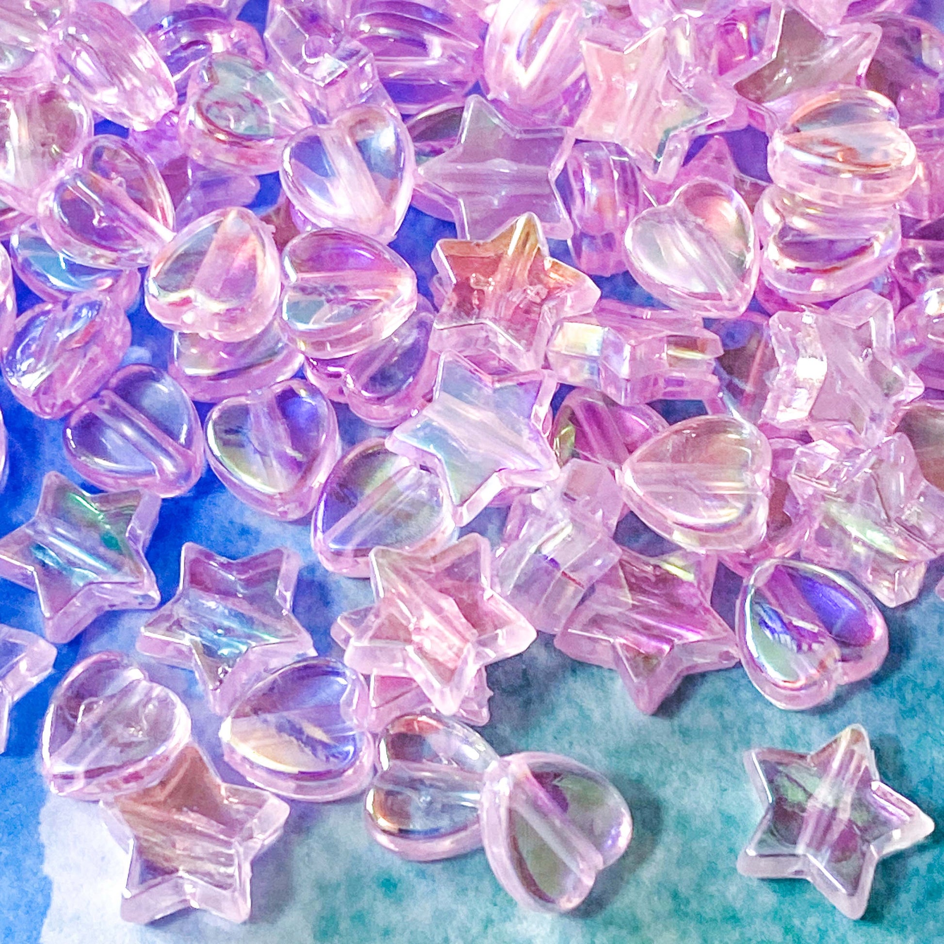 clear transparent pink bead beads small heart hearts star stars 9mm plastic uk cute kawaii craft supplies shop store pretty jewellery making iridescent shimmer pearly sheen ab finish