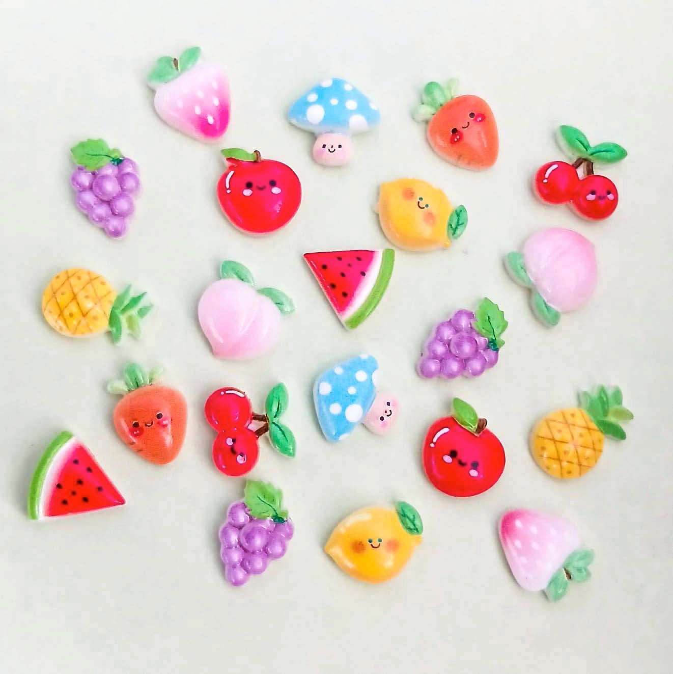 mini small tiny embellishments flatback flat back backs fb fbs acrylic small fruit fruits strawberries apple grape lemon pineapple mushroom peach watermelon uk cute kawaii craft supplies shop store