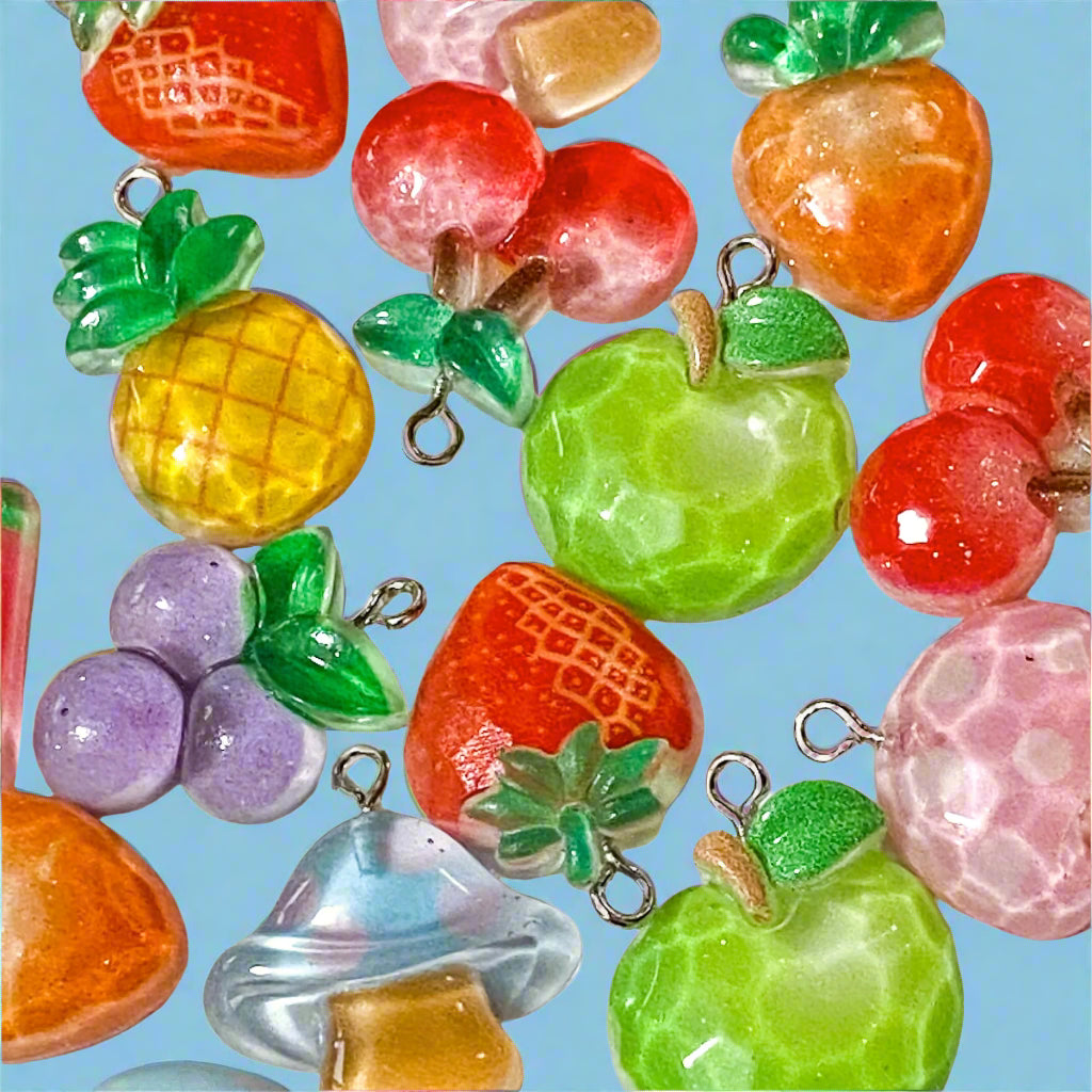 fruit fruits food foods resin acrylic charm charms pendant faceted glossy shiny uk cute kawaii craft supplies shop store cherry cherries strawberry watermelon melon grapes grape apple mushroom mushrooms carrot carrots pineapple pineapples silver hook