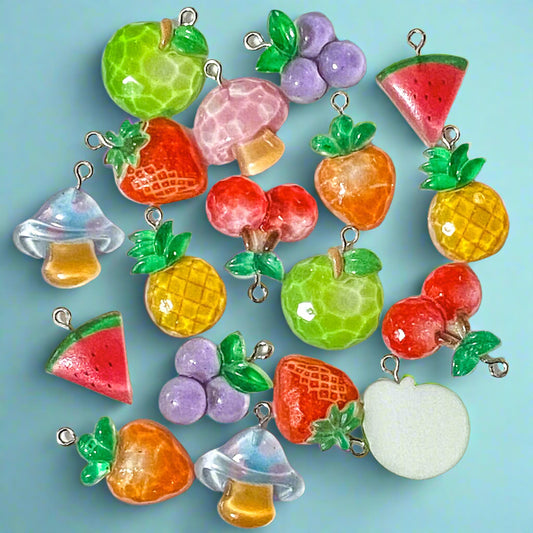 fruit fruits food foods resin acrylic charm charms pendant faceted glossy shiny uk cute kawaii craft supplies shop store cherry cherries strawberry watermelon melon grapes grape apple mushroom mushrooms carrot carrots pineapple pineapples silver hook