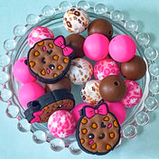 chocolate brown and hot pink silicone bead beads festive christmas craft supplies shop store uk cute kawaii make your own beaded pen pens jewellery making gift gifts round 15mm 27mm chunky huge large big pattern patterned floral