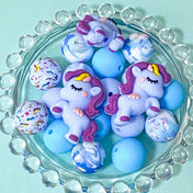 pale light blue and lilac purple turquoise unicorn unicorns silicone bead beads chunky large big jumbo 15mm 37mm uk cute kawaii craft supplies shops store crafts make your own beaded pen pens jewellery fun pretty