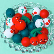 15mm and 28mm large jumbo chunky cherry cherries fruit themed beads bead silicone soft touch uk cute kawaii craft supplies shop store green red white pattern patterned make your own beaded pen pens jewellery fun gift gifts