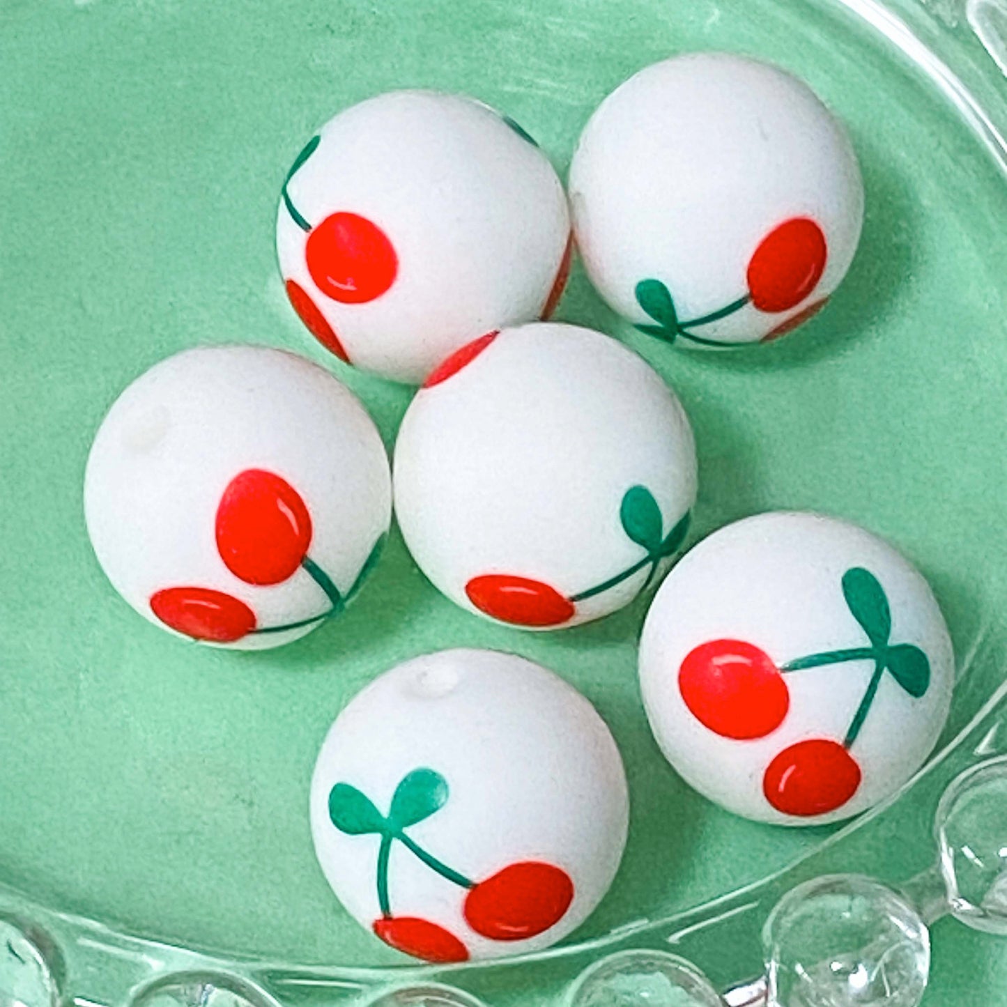 15mm and 28mm large jumbo chunky cherry cherries fruit themed beads bead silicone soft touch uk cute kawaii craft supplies shop store green red white pattern patterned make your own beaded pen pens jewellery fun gift gifts