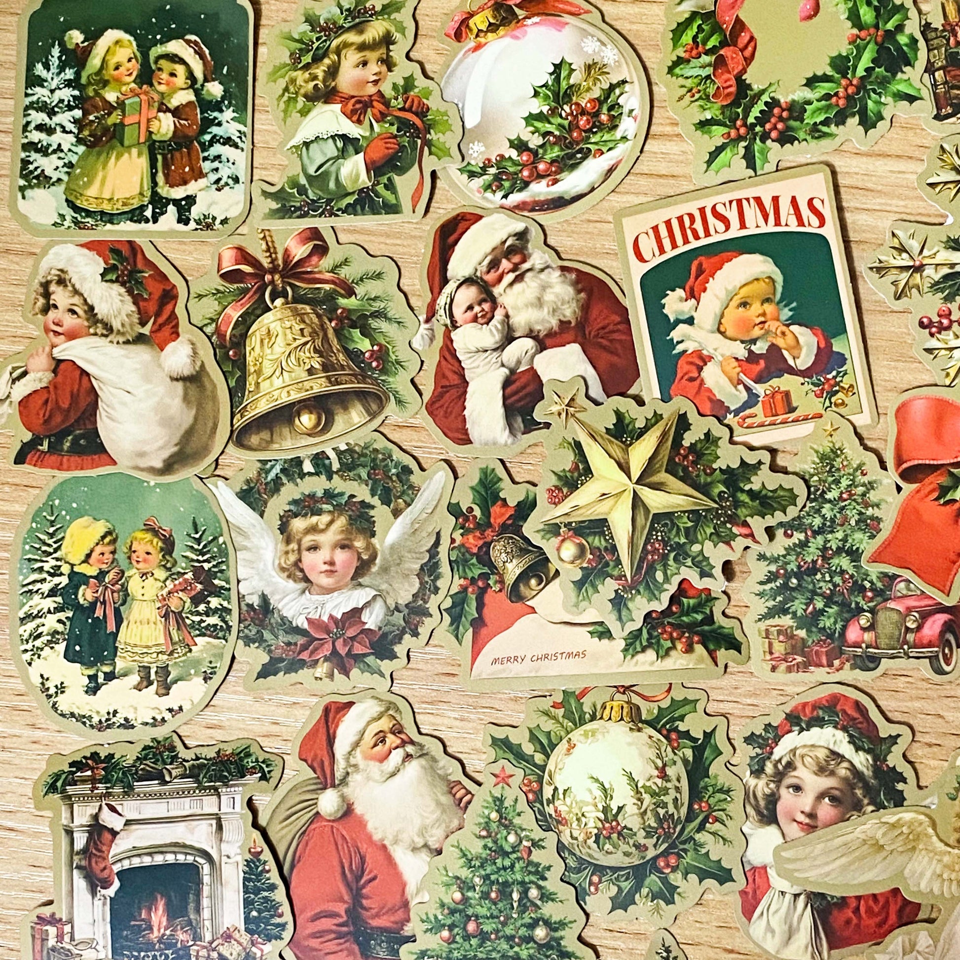 a victorian vintage retro christmas festive laptop sticker stickers set k cute kawaii red green white sepia stationery gift gifts matte satin old fashioned seals santa car tree trees present angel angels girl children bauble star snow globe