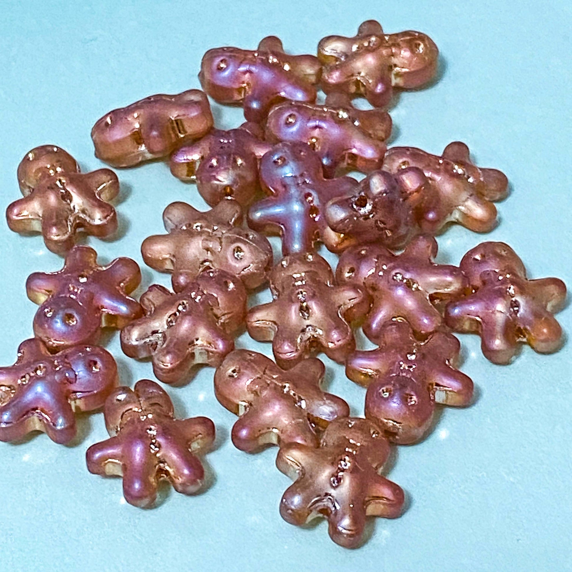 glass gingerbread man men large 15mm bead beads christmas festive brown amber orange uk cute kawaii craft supplies shop store pretty beading jewellery making iridescent shimmer