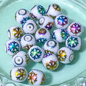 metallic foil electroplated snowflake snow flake snowflakes bead beads glass 10mm round white colourful rainbow decorated patterned uk cute kawaii craft supplies shop christmas festive 
