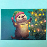 turquoise green blue colourful blank greetings card cards christmas festive glossy uk cute kawaii stationery otter otters cuddly winter christmas tree trees light lights pretty envelopes kraft brown set twinkling