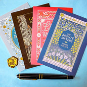 set of 4 literary postcards featuring classic romantic book covers including pride and prejudice and little women