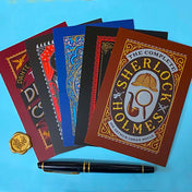 set of 5 vintage literary postcards featuring gothic book covers including dracula, sherlock holmes and edgar allan poe on a blue background