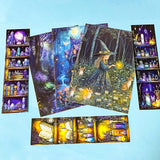 witchy canvas pouch with magical illustration filled with fantasy postcards and bookmarks on blue background