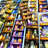 set of witchy bookmarks with botanical shelves, greenery, crystals, and earthy magic illustrations