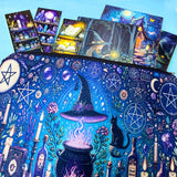 witchy canvas pouch with magical illustration filled with fantasy postcards and bookmarks on blue background
