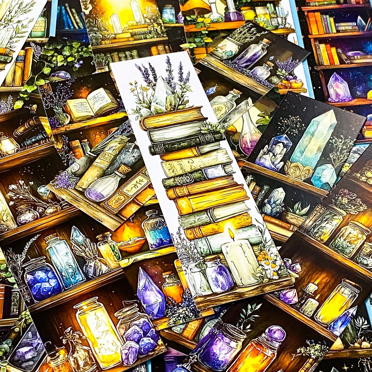 set of witchy bookmarks with botanical shelves, greenery, crystals, and earthy magic illustrations