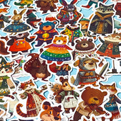 cute animal laptop stickers featuring woodland characters and colourful outfits on a blue background
