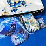 blue cinderella inspired stationery letterbox gift set with castle pouch, holographic swan stickers, acrylic tassel bookmark and fairytale scrapbook papers