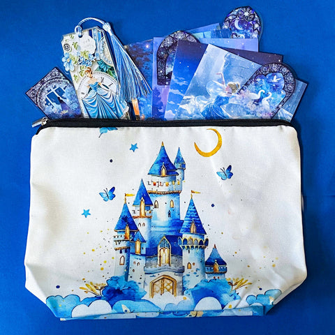 blue cinderella inspired stationery letterbox gift set with castle pouch, holographic swan stickers, acrylic tassel bookmark and fairytale scrapbook papers
