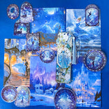 blue cinderella inspired stationery letterbox gift set with castle pouch, holographic swan stickers, acrylic tassel bookmark and fairytale scrapbook papers