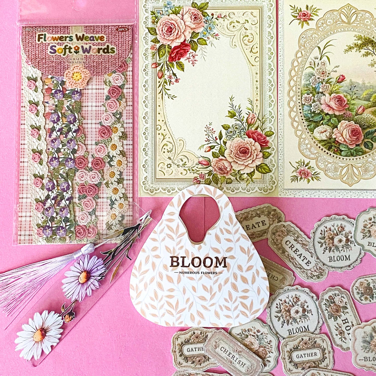 vintage floral letterbox gift set with large flower pouch, pearly white metal pen, daisy tassel acrylic bookmark, floral postcards and vintage decorative journaling stickers on pink background. UK cute gifts and stationery sets.