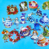 wonderland themed pack of 40 clear PET stickers with Alice illustrations, white rabbits, potion bottles, cupcakes, tea party, teacup, teapot, mad hatter, roses and pocket watches. Uk cute kawaii stationery shop.
	