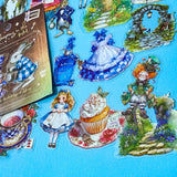 wonderland themed pack of 40 clear PET stickers with Alice illustrations, white rabbits, potion bottles, cupcakes, tea party, teacup, teapot, mad hatter, roses and pocket watches. Uk cute kawaii stationery shop.