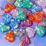 glitter resin heart hearts charm charms pendant pendants chunky rounded silver tone metal hook uk cute kawaii craft supplies shop store pink purple orange blue turquoise green rainbow colours glittery sequin sequins