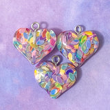 glitter resin heart hearts charm charms pendant pendants chunky rounded silver tone metal hook uk cute kawaii craft supplies shop store pink purple orange blue turquoise green rainbow colours glittery sequin sequins